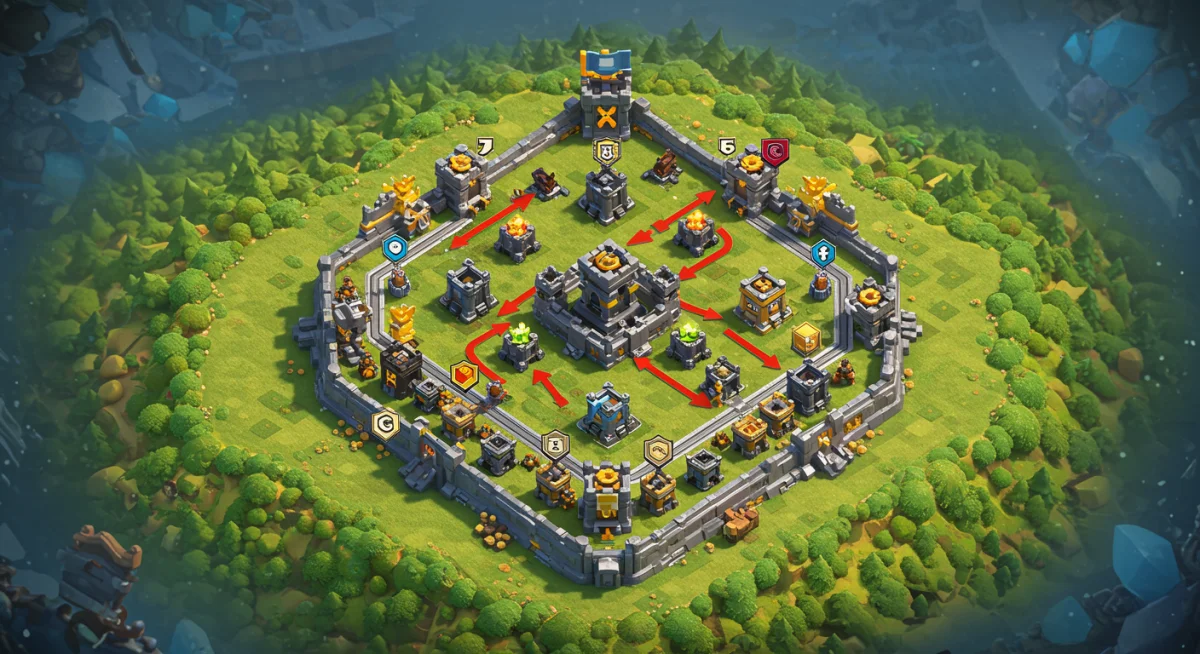 Clash Royale arena map showing optimal troop deployment and defensive placements.