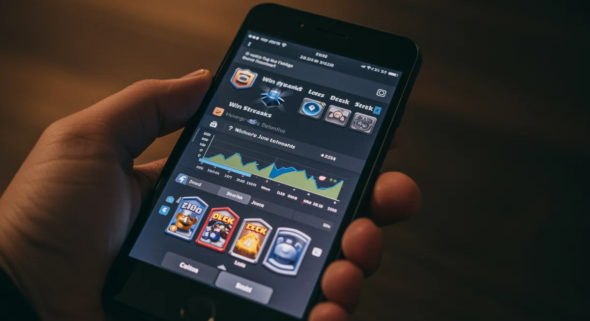 Clash Royale battle log and analytics screen showing player performance data.