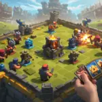 Dynamic Clash Royale battle with diverse troops clashing, emphasizing strategic gameplay.