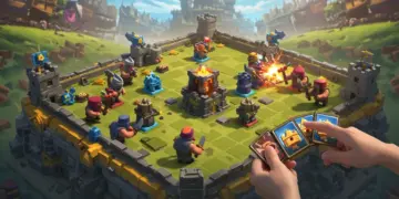 Dynamic Clash Royale battle with diverse troops clashing, emphasizing strategic gameplay.