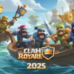 Clash Royale Clan Wars 2.0 river race battle with multiple clan members' boats and trophy rewards.