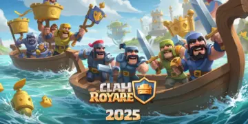 Clash Royale Clan Wars 2.0 river race battle with multiple clan members' boats and trophy rewards.