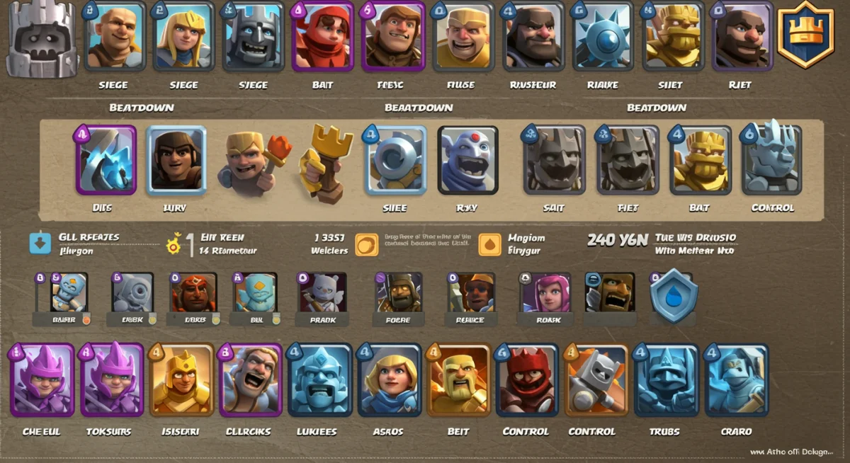 Infographic detailing Clash Royale deck archetypes with win rates and usage statistics.