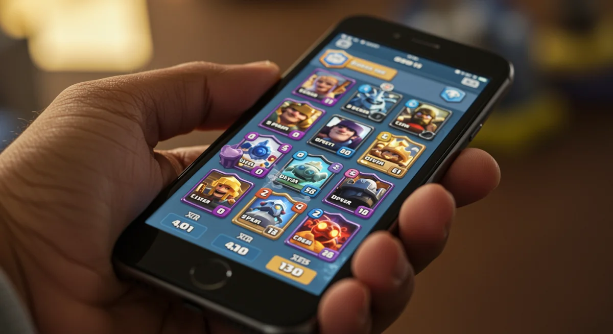 Clash Royale player building custom deck on smartphone