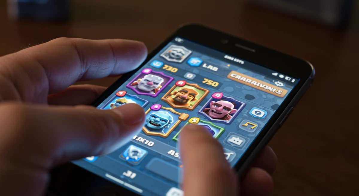 Clash Royale player selecting cards for Grand Challenge deck building