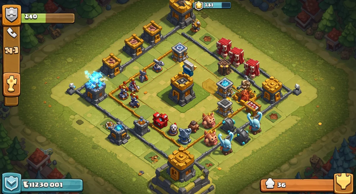 Defensive Clash Royale troop placement with Tesla, Mini P.E.K.K.A., and Valkyrie.