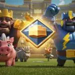Clash Royale Diamond Pass glowing with character silhouettes and game arena