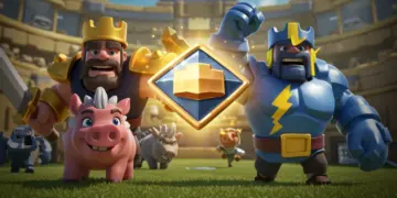 Clash Royale Diamond Pass glowing with character silhouettes and game arena