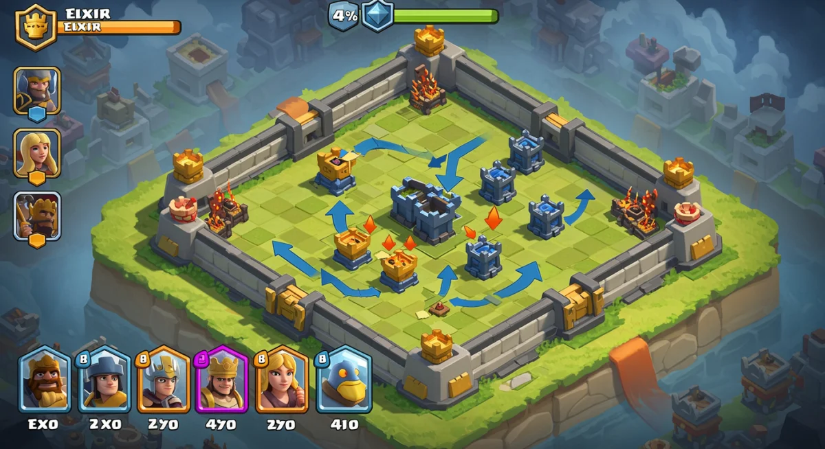 Clash Royale elixir management and troop deployment for offense