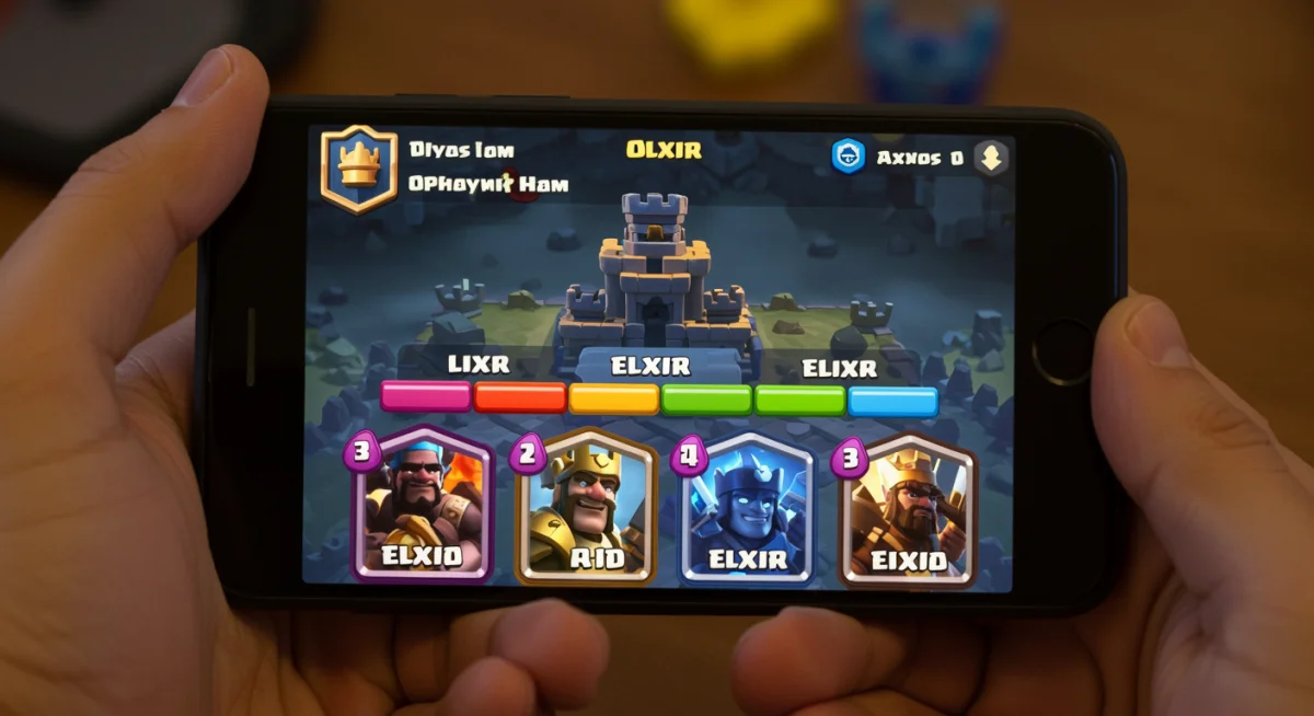 Player's hand holding phone, elixir bar full in Clash Royale, showing card choices.