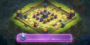 Clash Royale arena with glowing elixir bar and troops engaged in battle, symbolizing strategic elixir management.