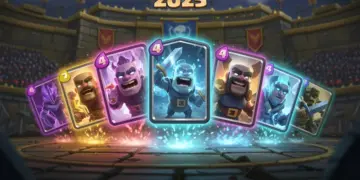 Evolved Clash Royale cards glowing on an arena, symbolizing strategic power in 2025