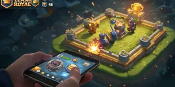 Clash Royale player intensely focused on a mobile screen during a ladder match, with trophies visible in the interface.