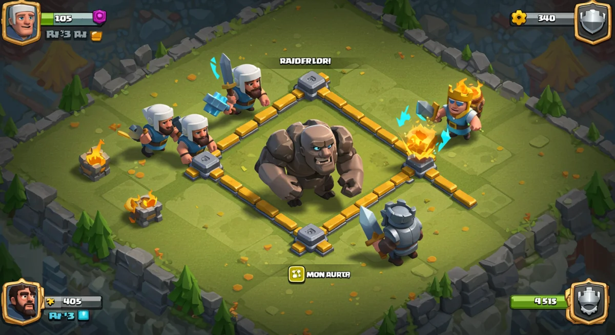 Offensive Clash Royale push with Golem, Wizards, and Miner placement.