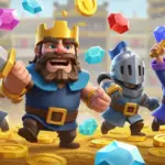 Clash Royale characters with gems and gold, symbolizing optimized spending for game success.