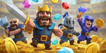 Clash Royale characters with gems and gold, symbolizing optimized spending for game success.