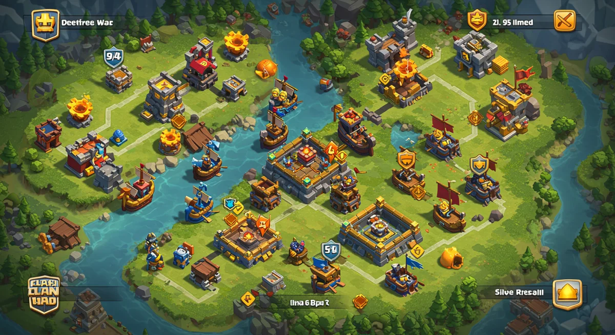 Strategic overview of Clash Royale Clan Wars 2.0 river map with clan boats and defense towers.