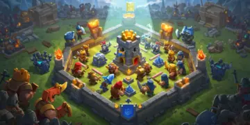 Clash Royale tournament battle with diverse troops and victorious king tower