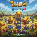 Clash Royale arena with diverse troops battling, trophy count highlighted.