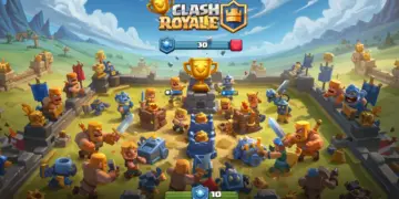 Clash Royale arena with diverse troops battling, trophy count highlighted.
