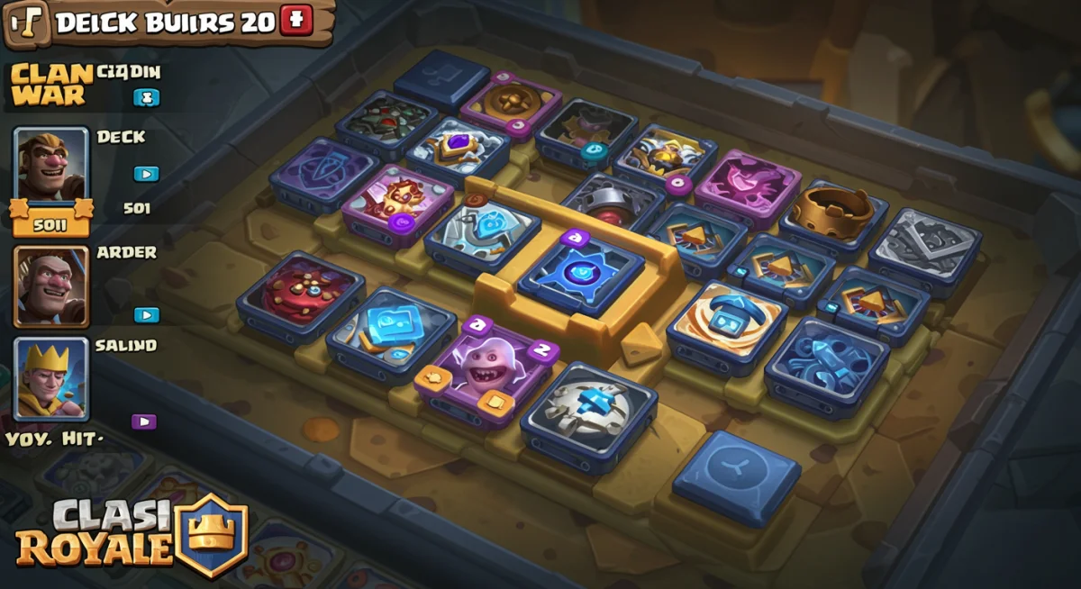 Clash Royale war deck building screen displaying diverse card choices and strategic combinations.