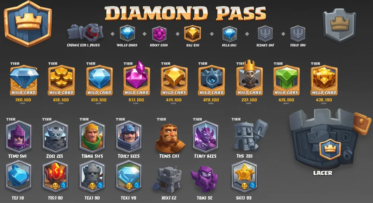 Infographic detailing Clash Royale Diamond Pass rewards and benefits