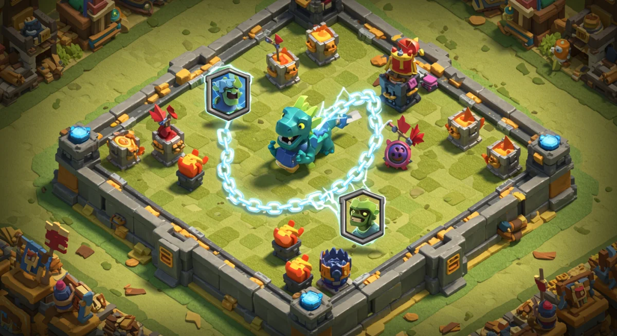 Electro Dragon card in Clash Royale attacking multiple targets with its chain lightning ability on the arena.