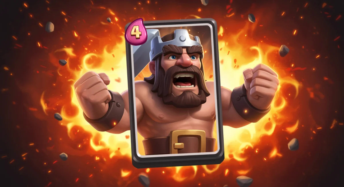 Close-up of an evolved Barbarian card with fiery effects in Clash Royale