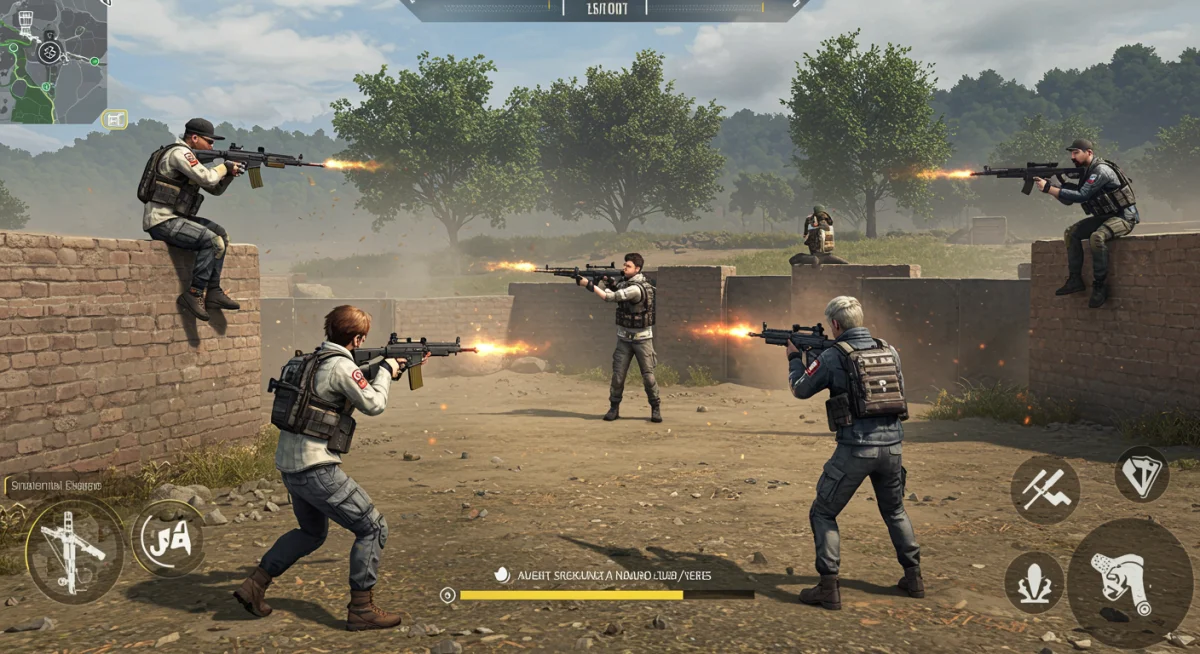 Free Fire squad executing a perfect flanking maneuver against opponents.