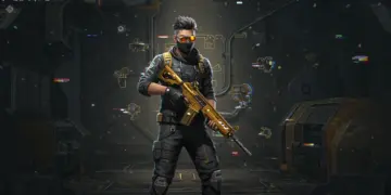 Free Fire character exploiting a map glitch for strategic advantage in a futuristic setting.