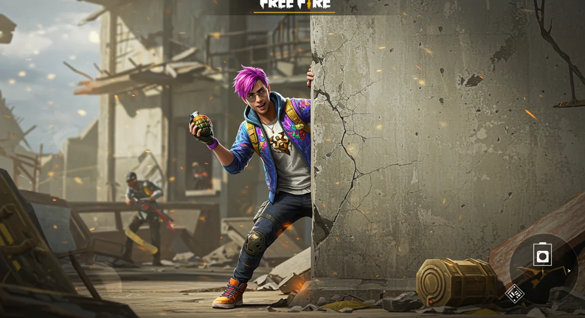 Free Fire character aiming grenade with precise timing from cover