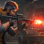 Free Fire character achieving a perfect headshot with a rifle, showcasing precision aiming.