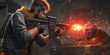 Free Fire character achieving a perfect headshot with a rifle, showcasing precision aiming.
