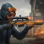 Free Fire character aiming for a headshot with optimal sensitivity settings in 2025
