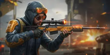 Free Fire character aiming for a headshot with optimal sensitivity settings in 2025