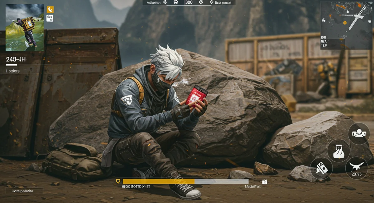 Free Fire character healing with a medkit behind cover, demonstrating health management.