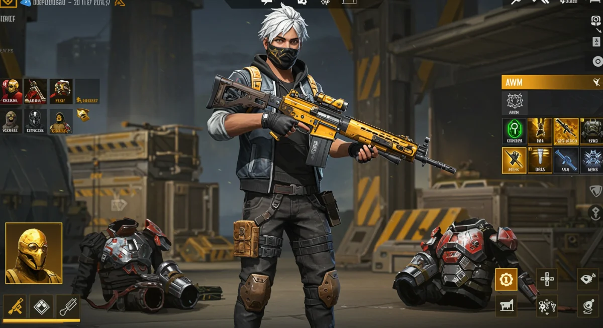 Free Fire character with high-tier weapon and looted gear.