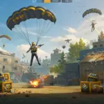 Free Fire player parachuting towards a hot drop zone with high-tier loot visible.
