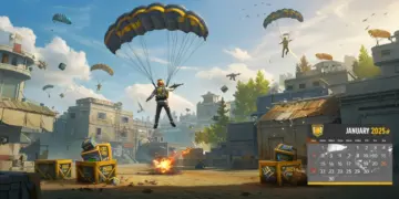 Free Fire player parachuting towards a hot drop zone with high-tier loot visible.
