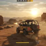 Free Fire player driving a jeep through a desert landscape, avoiding enemy fire.