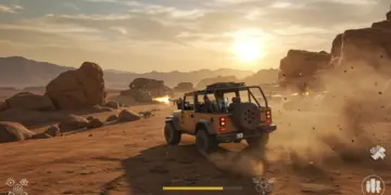 Free Fire player driving a jeep through a desert landscape, avoiding enemy fire.