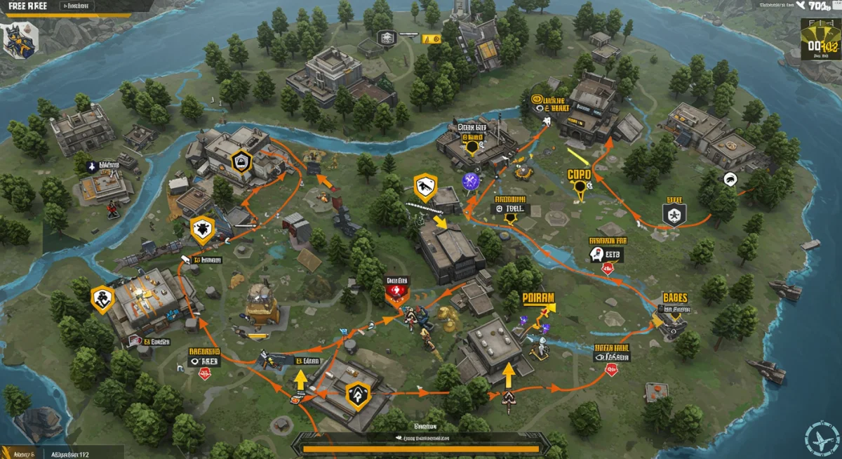Free Fire map analysis showing strategic placements near known glitch locations for ambushes.