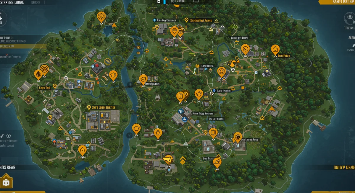 Free Fire map analysis showing strategic drop zones and safe routes for early game survival.