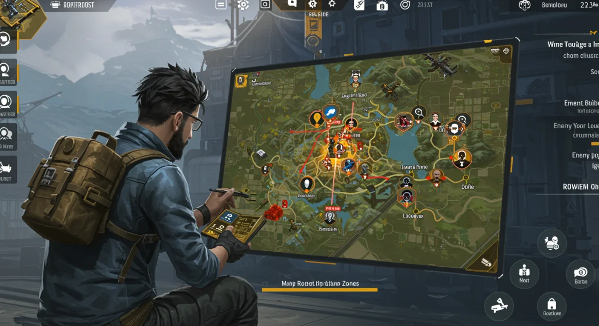 Free Fire player analyzing in-game map for strategic rotations.