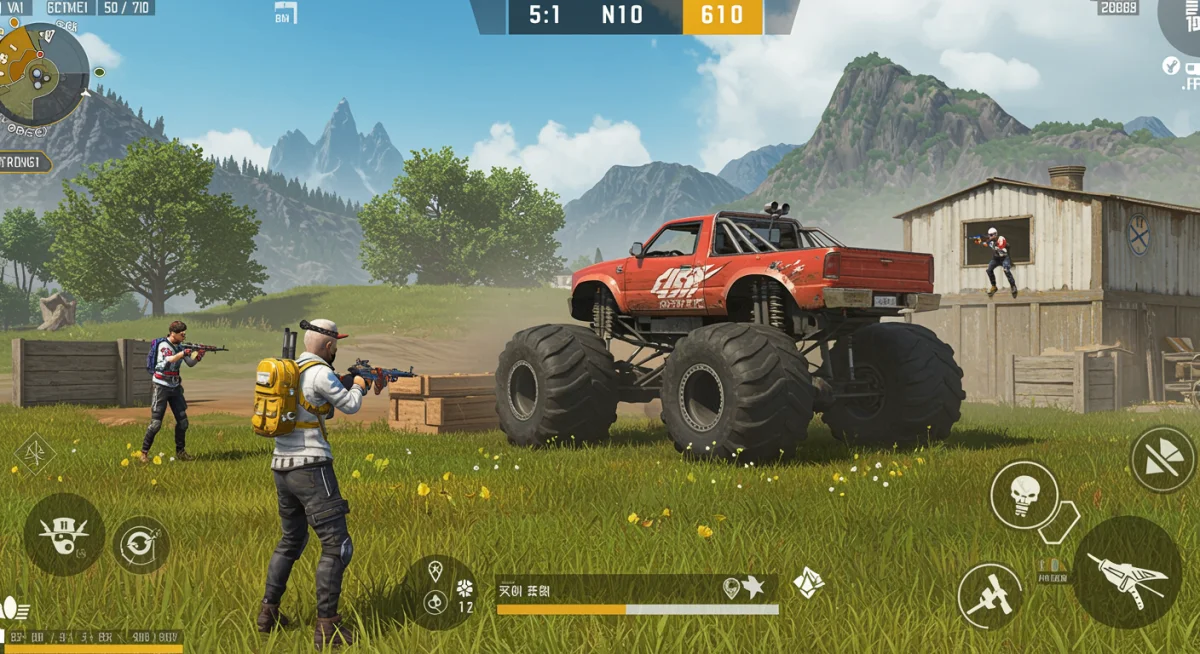 Free Fire players using a monster truck for strategic cover and blocking.