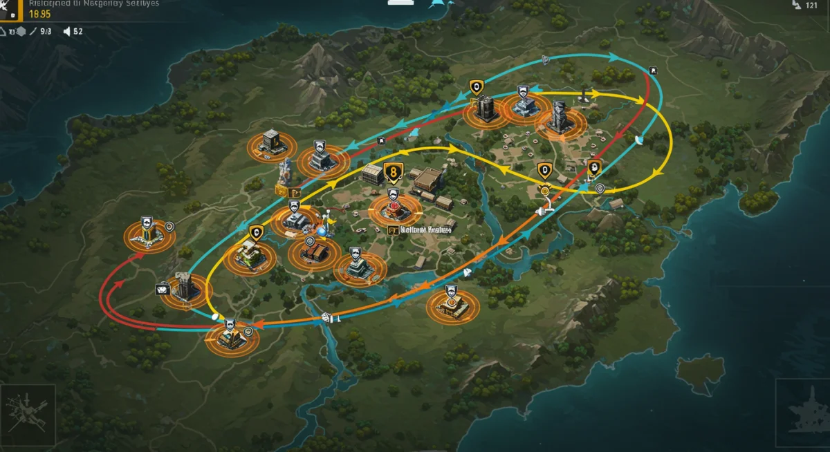 Free Fire map with predicted safe zone circles and optimal rotation paths.