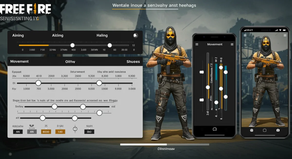 Free Fire sensitivity settings menu on a mobile device, showing options for general, red dot, 2x scope, 4x scope, and AWM scope.
