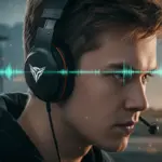 Free Fire player using gaming headphones, focused on sound cues for tactical advantage.