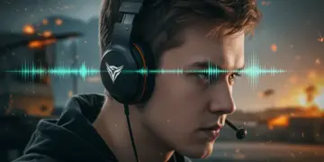 Free Fire player using gaming headphones, focused on sound cues for tactical advantage.