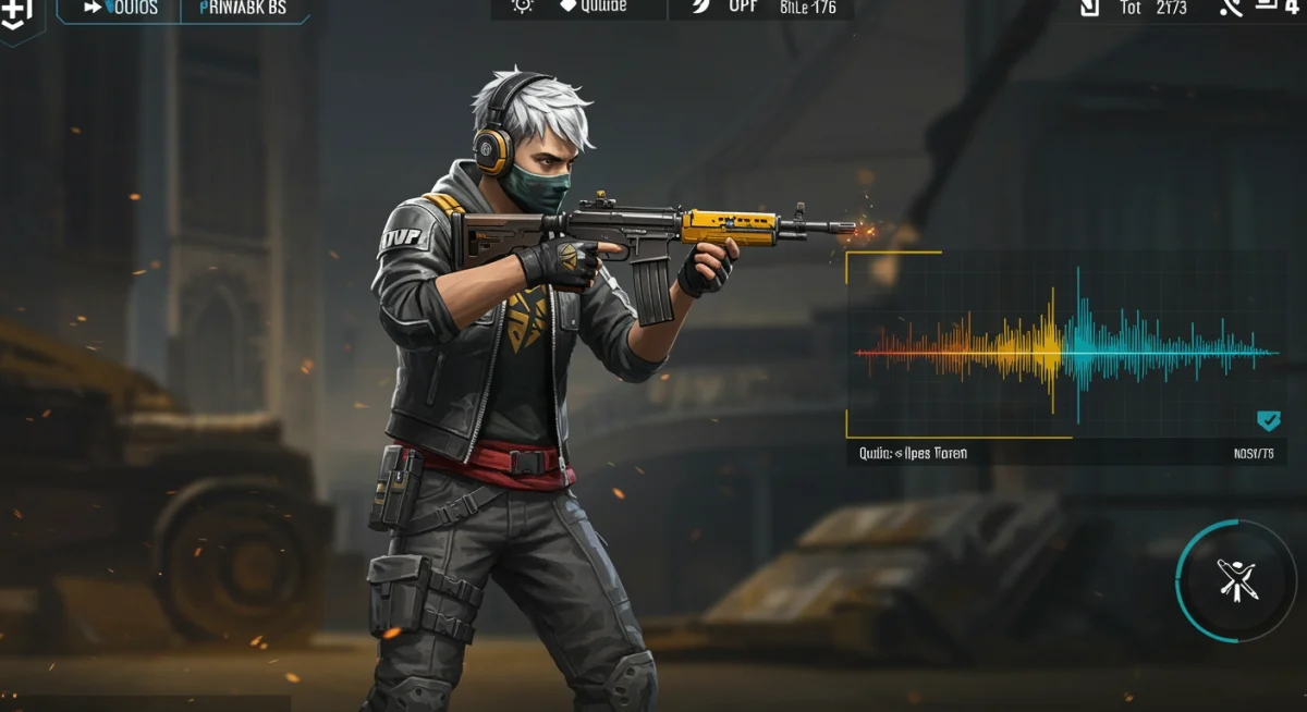 Free Fire character demonstrating strategic gameplay enhanced by sound visualization.